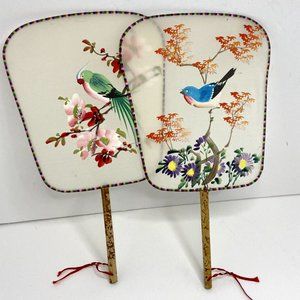 2 Vintage Japanese Bamboo Handle Hand Painted Bird Scene Silk Paper Paddle Fans